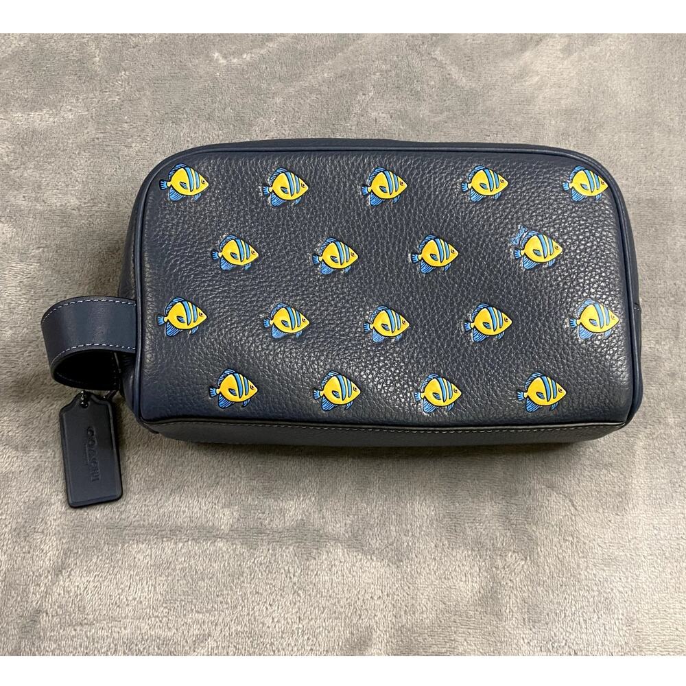 Coach Small Travel Kit Bag Denim Multi Yellow Fish Print Leather Pouch - CU139